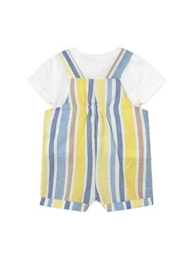 Conjunto Mayoral macacão curto listrado amarelo e azul para bebê