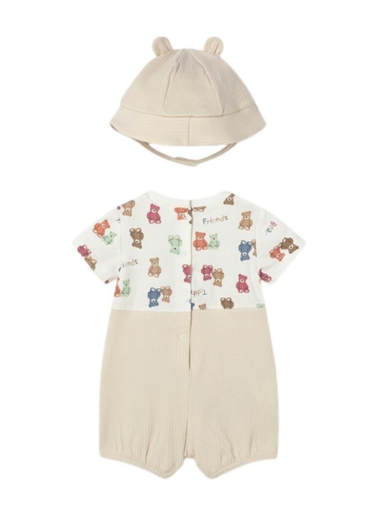 Conjunto Mayoral macacão de urso bege com gorro para bebê