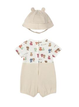 Conjunto Mayoral macacão de urso bege com gorro para bebê