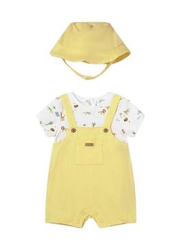 Conjunto Maioral macacão amarelo safari com capuz para bebê