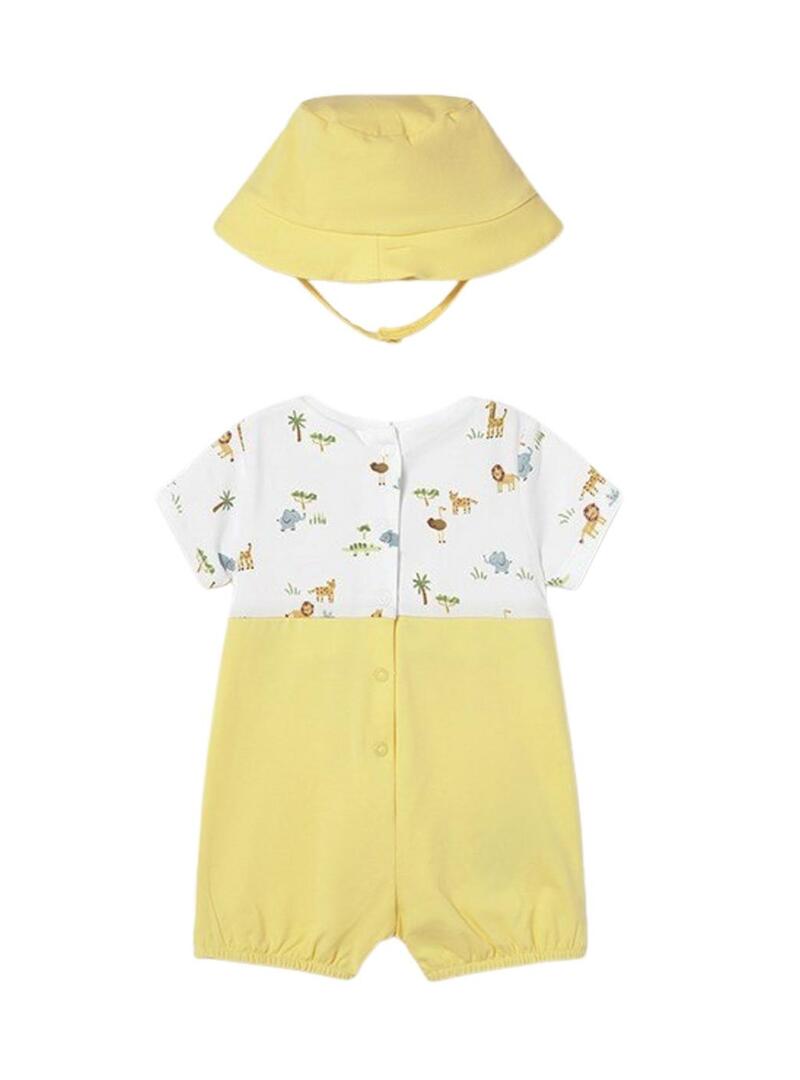 Conjunto Maioral macacão amarelo safari com capuz para bebê