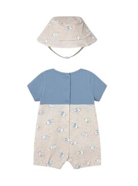 Conjunto Mayoral macacão elefantes bege e azul com capuz para bebê