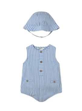 Macacão Mayoral listrado azul céu com touca para bebê menino