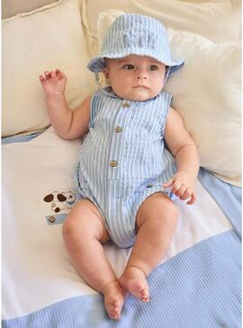 Macacão Mayoral listrado azul céu com touca para bebê menino