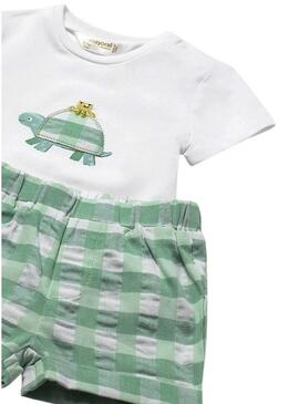 Conjunto de três peças Mayoral tartaruga verde vichy para bebê menino.