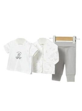 Conjunto Mayoral três peças patinhos cinza para bebê.