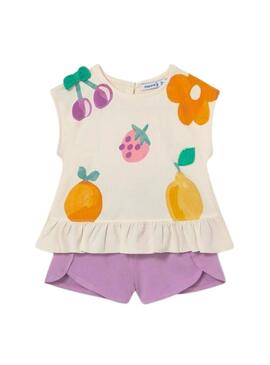 Conjunto de frutas Mayoral bege e lilás para menina.