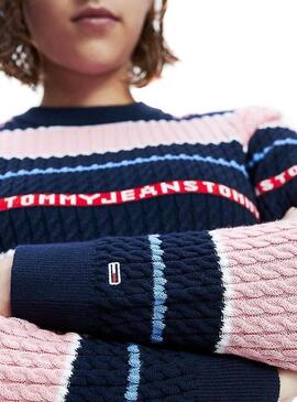 Malha Tommy Jeans Logo Stripe Pink Para Mulher