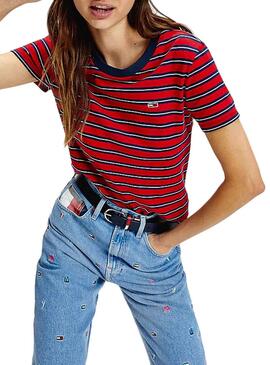 T-Shirt Tommy Jeans Classics Stripe Vermelho Mulher