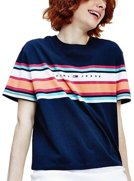 T-Shirt Tommy Jeans Stripe Logo Azul Marinho Mulher