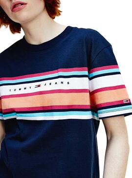 T-Shirt Tommy Jeans Stripe Logo Azul Marinho Mulher