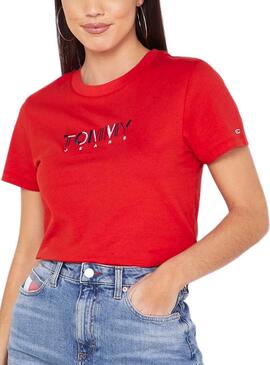 T-Shirt Tommy Jeans Multicolor Logo Vermelho Mulher