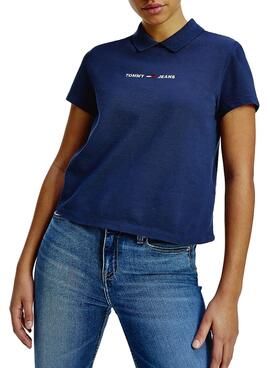 Polo Tommy Jeans Linear Logo Azul Marinho para Mulher