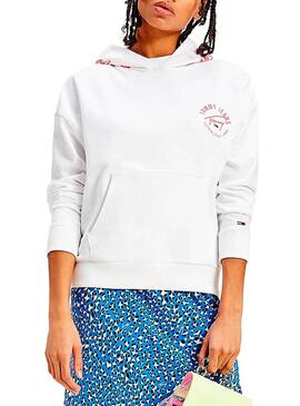 Sweat Tommy Jeans Tape Hoodie Branco para Mulher