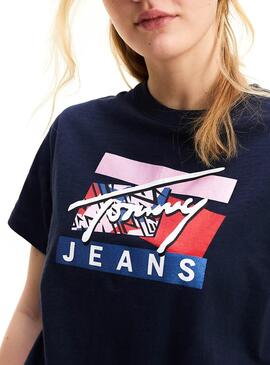 T-Shirt Tommy Jeans Signature Logo Azul Mulher