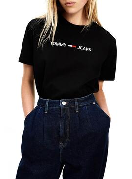 T-Shirt Tommy Jeans Linear Logo Preto para Mulher